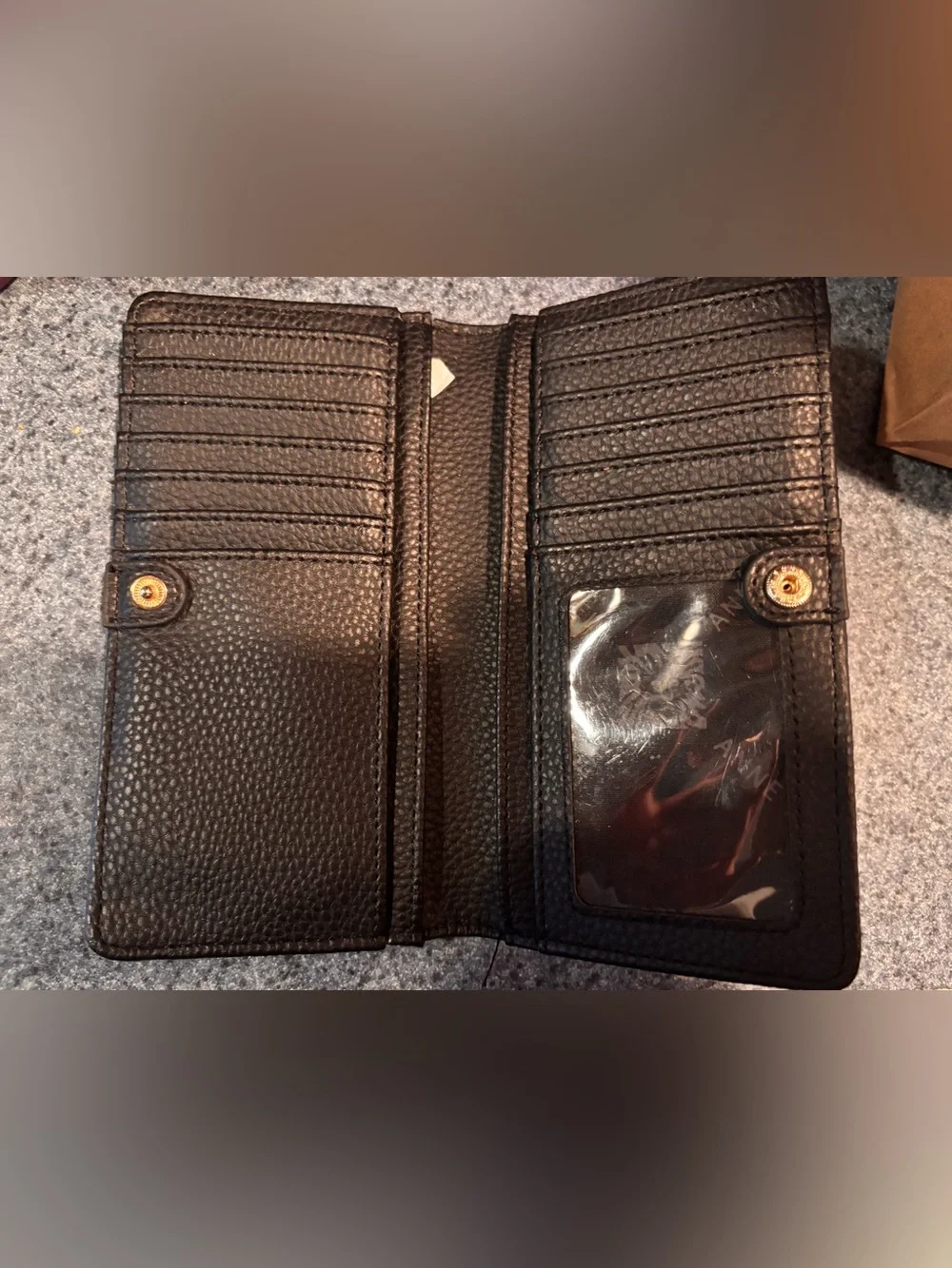 Anne Klein Black Pebbled Leather Zip Wallet with Gold Logo